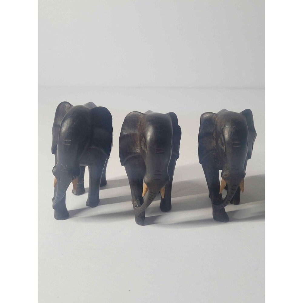 Vintage Hand Carved Wooden Elephant Statues Trio Dark Brown Faux Tusks Decor Set